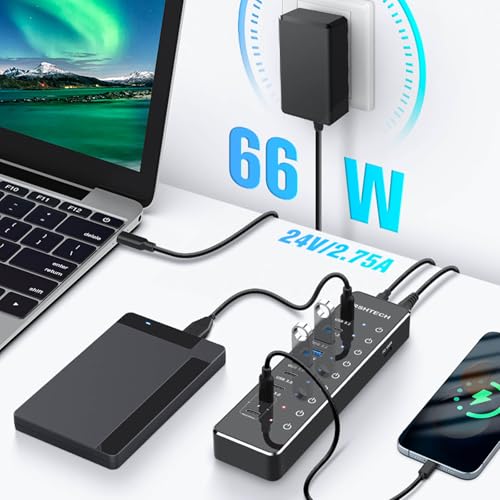 RSHTECH USB Powered Hub, 10 Ports USB C Hub That 3 Ports USB 3.2 to 10Gbps (2C+1A), 4 USB 3.0 Ports to 5Gbps (2C+2A), 2 Fast Charge USB-C Ports to 45W, PD 100W, Adapter 66W, RSH-ST10P