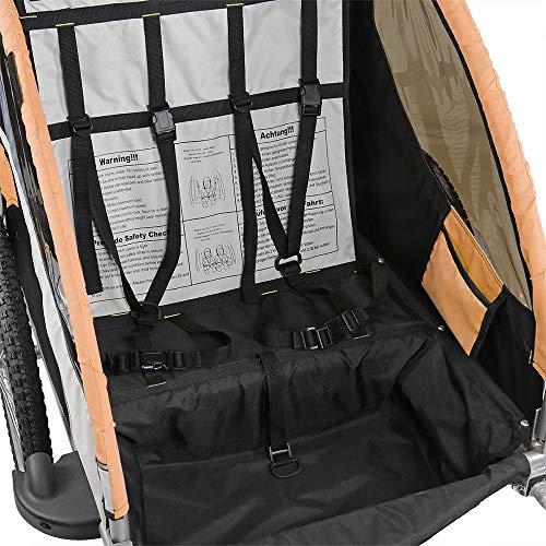 Clevr Elite 3-in-1 Double 2 Seat Bike Bicycle Trailer Jogger Stroller for Kids Children - Foldable for Storage, Orange