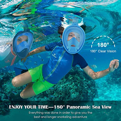 BFULL Snorkel Mask Full Face 180° Panoramic Sea View Anti-Fog Anti-Leak Snorkeling Mask with Action Camera Mount and Soft Adjustable Head Straps for Kids and Adults (Black-Blue, S/M)