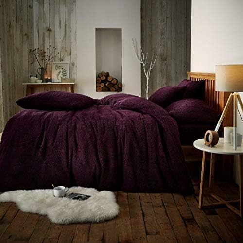 RAYYAN Linen Teddy Fleece Duvet Cover Bedding Set Thermal Warm Cosy Soft Fur Quilt Cover Bedding Set with Pillowcase(s) (Aubergine, DOUBLE)