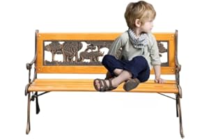 Kids 2 Seater Garden Patio Childrens Bench with Animal Design, Wooden & Cast Iron Mini Sized Park Outdoor Bench