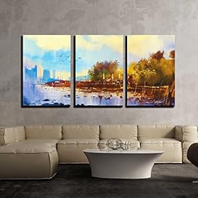 3 Piece Canvas Wall Art - Seascape Watercolor Painting of Beautiful Beach at Sunset - Modern Home Art Stretched and Framed Ready to Hang - 16"x24"x3 Panels