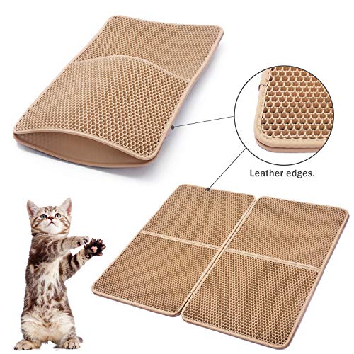 lesotc Cat Litter Mats Extra Large, Large Cat Litter Mat Litter Trapping, Jumbo Cat Litter Mats for Litter Box, Double-Layer, Waterproof, PU Leather Edge,(34" X 30", Beige)