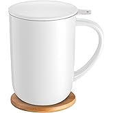 CEEFU Porcelain Tea Mug with Infuser and Lid, with Filter and Coaster, Loose Leaf Tea Cup Steeper Maker, 16 OZ for Tea/Coffee/Milk/Women/Office/Home/Gift (White)