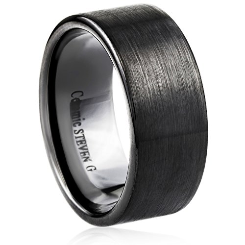 STEVEN G Black Ceramic Band Style Wedding / Fashion Ring 10mm Wide Flat Matte Finished Comfort Fit Unisex