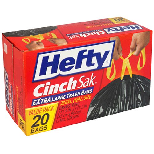 Hefty Cinch Sak Extra Large, 33 Gallon Trash Bags, 20 Count Boxes (Pack of 6)