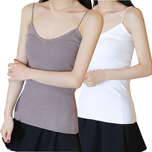 Women’s Slimming Camis Fitted Elasticity V Neck Tank Top with Spaghetti Straps 2-PACK (Free Size, Khaqi/White)