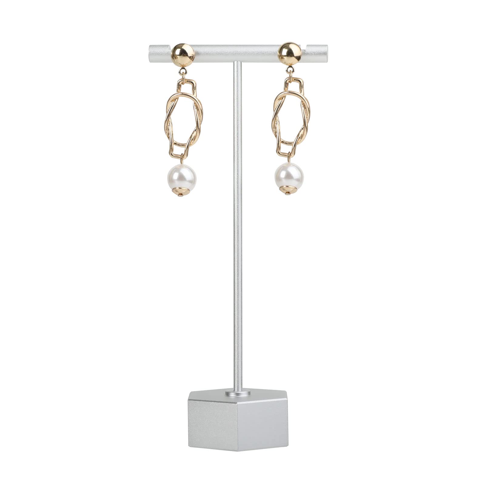 GemeShou Silver Metal Earring T Bar Stand, Single small earring hanger display, Retail earring holder for show, Jewelry earring organizer for Online store Photography【Silver-Hexagon-Height 13.5cm】