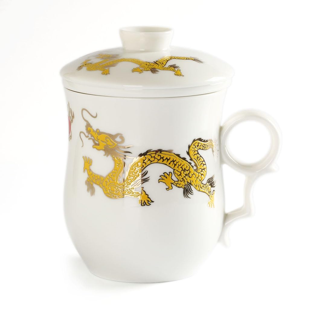 Porcelain Tea Infuser Mug with Lid - 300ml /0.08gal Ceramic Tea Cup Hand Made on Loose Leaf Tea Mug - Golden Chinese Dragon Pattern (White Golden Dragon Patten)