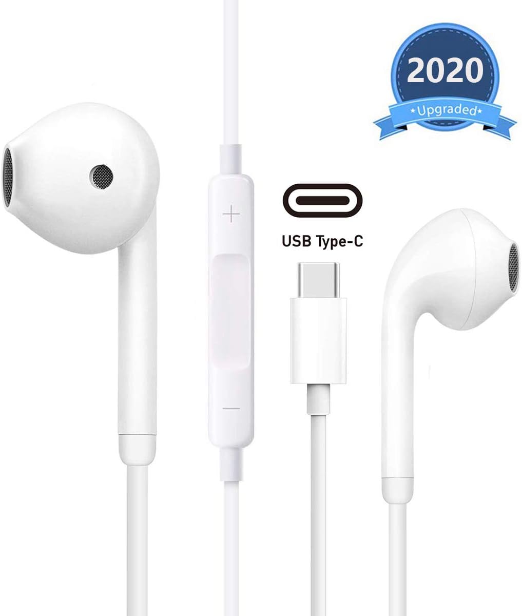 USB C Earphones, HiFi Stereo Type C Headphones USB C Earbuds with Mic & Volume Control Compatible with Google Pixel 3/2/XL,Sony XZ2, OnePlus 6T,for MacBook,for iPad Pro 2018-White