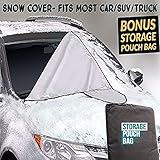 Premium All Season Car Windshield Snow/Sun Cover for Ice, Snow, Frost, & Sun Guard for Winter and Summer-Fits Car, SUV,& Truck-New 6x magnets to keep Wind&Snow out-Bonus Storage Bag