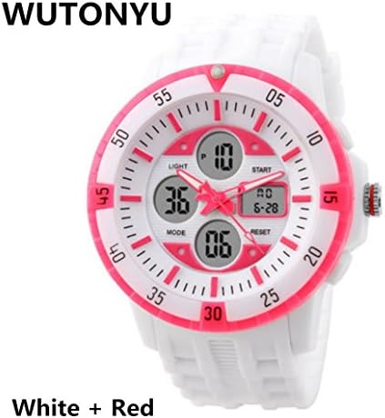 WUTONYU (TM) Men's and Women Sporty Dual Time Zones Alarm Timer Wrist Watch (White + Red)