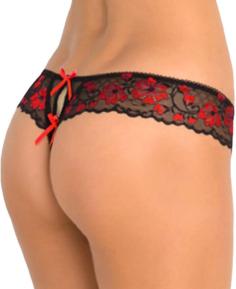 Rene Rofe Women's Crotchless Lace Thong Panty with Bows: Adult Exotic Thong Underwear: Clothing