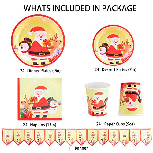 PartyFun Christmas Paper Plates Disposable Dinnerware Set Christmas Party Supplies Set Christmas Party Decoration Includes Paper Plates, Paper Cups, Napkins, Banner - Serves 24(Style 2)