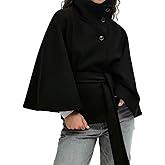 Rseoutlh Womens Batwing Sleeve Ponchos Pea Coat Wool Bland Fall Winter Collar Belt Capes Jacket Cropped Overcoat