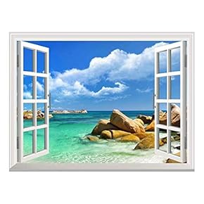 Removable Wall Sticker/Wall Mural - Tropical Landscape Seychelles Paradise | Creative Window View Wall Decor - 24"x32"