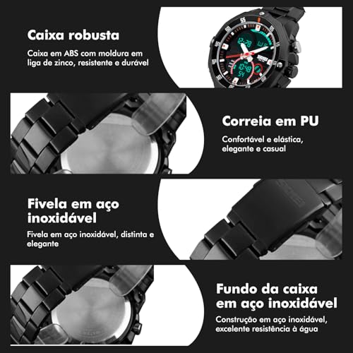 Relógio Masculino Militar de Aço Inoxidável, Resistente à Água 30M, Analógico-Quartz, com Calendário, Estilo Esportivo Casual e Negócios