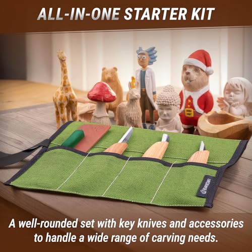 BeaverCraft Wood Carving Knife Kit for Beginners & Kids S15 – Whittling Knives Set with Sloyd, Chip Knife for Carvers – Wood Whittling Kit Includes Carving Tools, Leather Strop, Polishing Compound