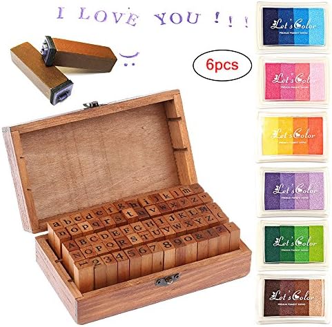 Alphabet Stamps Vintage Wooden Rubber Letter Number And Symbol Stamp Set Multipurpose DIY Diary Cards Stamps Craft 70pcs Alphabet Letter Number Symbol and 6pcs colorful Ink Pad