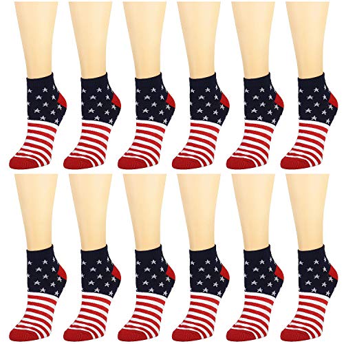 12-Pack Women's Ankle Socks Assorted Colors Size 9-11 (USA Flag)