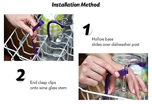 (4 Pack) Tether Stemware Saver Set -Flexible Dishwasher Stabilizer Holder for Wine Glasses-Purple