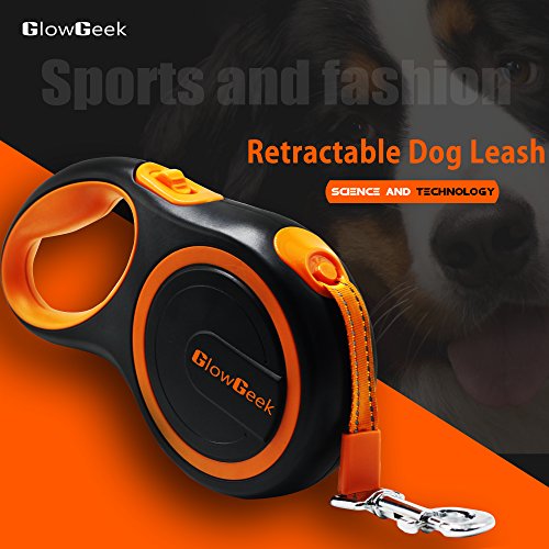GlowGeek Retractable Dog Leash, 16 ft Dog Walking Leash for Medium Large Dogs up to 110lbs, Tangle Free, One Button Break & Lock , Lifetime Replacement Guarantee. Retracts 0-16ft - Orange