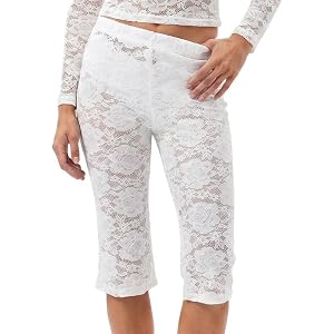 Women’s Lace See Through Capri Leggings Slim Fit Knee Length Lace Cropped PantsSheer Stretchy Slip Cycling Shorts