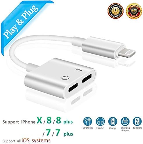 Dual Lightning Adapter, Headphone Splitter for iPhone 7/7Plus iPhoneX10 8/8Plus iPad, Lightning Cable Earphone Accessories Jack Adaptor Audio＆Charge＆Call＆Music Function Compatible iOS 10.3/11 System