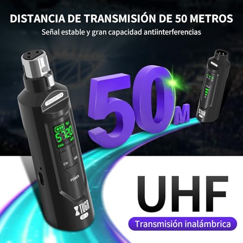 XTUGA UHF Sistema de Micrófono Inalámbrico XLR Transmisor y Receptor Receptor transmisor XLR inalámbrico con alimentación Fantasma de 48V para micrófonos dinámicos/de Condensador SF-1