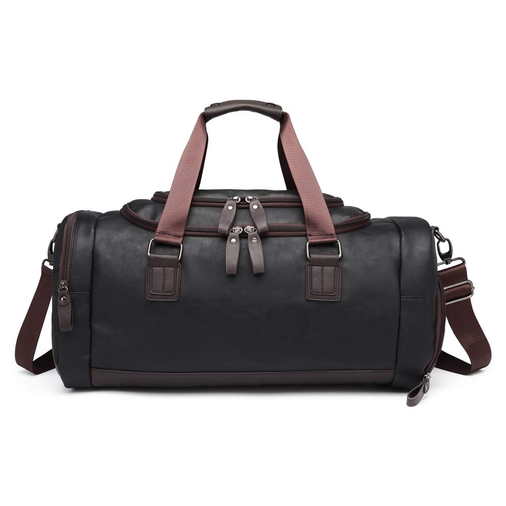 Top PU Travel Duffels Bags Weekender Tote Luggage Bags for Men, Traveling, Gym, Fitness (Black with Shoes Storage)