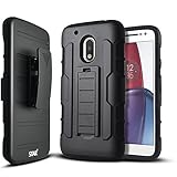 Moto G4 / Moto G4 Plus Case, (NOT FIT MOTO G4 PLAY) Starshop [Dual Layers] Kickstand Case With [0.33m 9H Tempered Glass Screen Protector Included] and Locking Belt Clip (Black)
