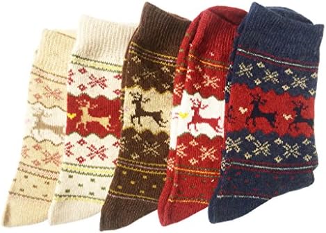 QQsweet Womens 5-pack Fashion Patterned Mid-calf Warm Winter Crew Socks(Christmas Deer)