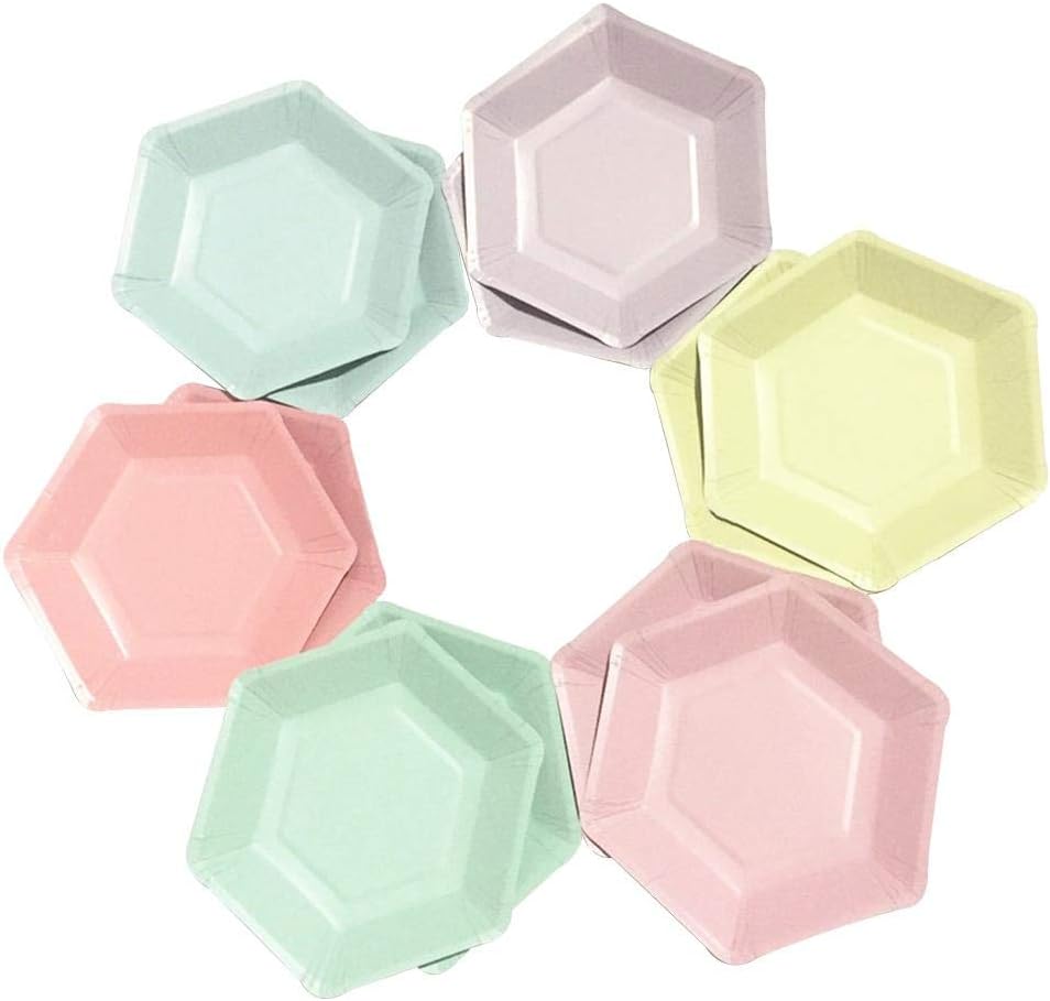 Ljourney 12 PCS Pastel Paper Plates Hexagon Paper Tray, Disposable Paper Plates for Baby Shower Kids Birthday Party Decorations