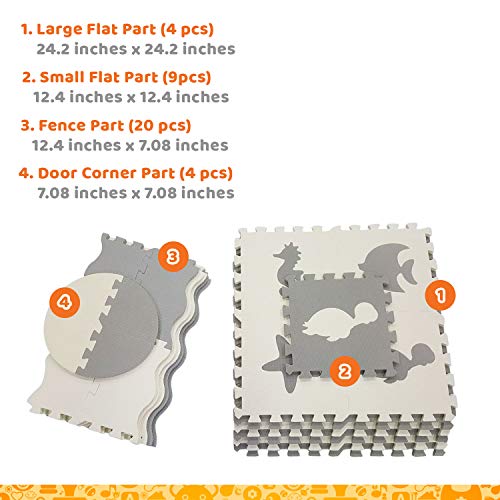 Baby Play Mat with Edges - Extra Large (6ftx6ft) Extra Thick (0.56") Interlocking Foam Tiles with Sea Creatures Patterns | Crawling Mat for Infants | Puzzle Mat for Kids (Grey and White)