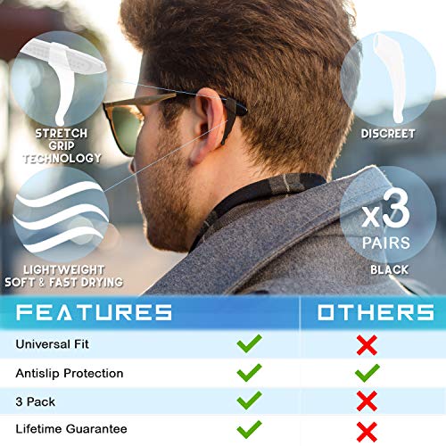 Anti-Slip Glasses Ear Hook Grip - 3 Pack - Stretch Fit for Sunglasses and Glasses (Black)