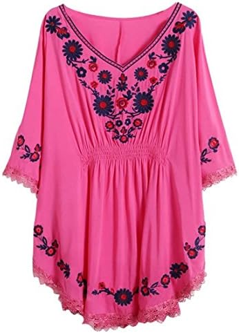 XinqiaoWomens Bat Sleeve Tops Embroidered Peasant Dress Mexican Bohemian Blouse