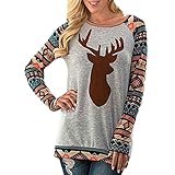 Rumas Women Christmas Elk Long Sleeve Geometric Printed Splicing T-Shirt