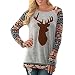 Rumas Women Christmas Elk Long Sleeve Geometric Printed Splicing T-Shirt