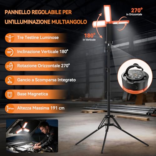 Rechargeable Camping Lamp with Tripod 12000mAh 3 Colors of Light 6000LM Dimmable LED IP65 Suitable for Workshops, Camping, Construction Sites and Emergency Situations