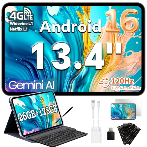 TECLAST T65 13.4" 120Hz Android16 4G Lte, 2.2GHz 26GB+128GB with 8 Accessories | Dual SIM/Widevine L1 1080P/13MP/5G WiFi/TF 4TB/BT5/GPS/OTG/with Keyboard+Case+Pen+Keyboard Stickers