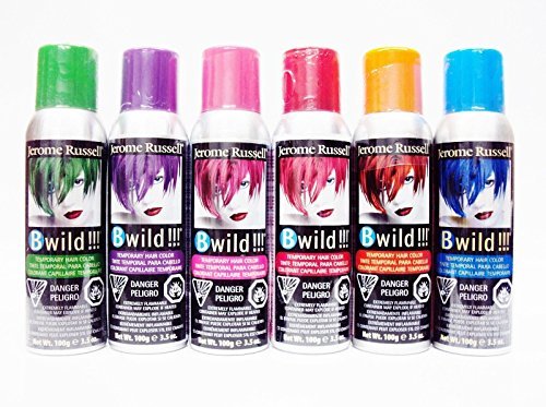 Jerome Russell B Wild Temp'ry Hair Color Spray 3 OZ 6 pack -- (Bengal Blue, Jaguar Green, Tiger Orange, Panther Purple, Lynx Pink, Cougar Red)