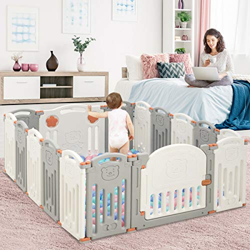 Costzon Baby Playpen, 16Panel Foldable Baby Fence w/Locking Gate, NonSlip Rubber Bases