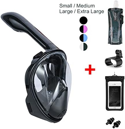 Vaporcombo Snorkel Mask 180° view for Adults and Youth. Full Face Free Breathing Design.[Free Bonuses] Cell Phone Waterproof Case (Dry Bag) and Folding Water Bottle (Black, Small/Medium)