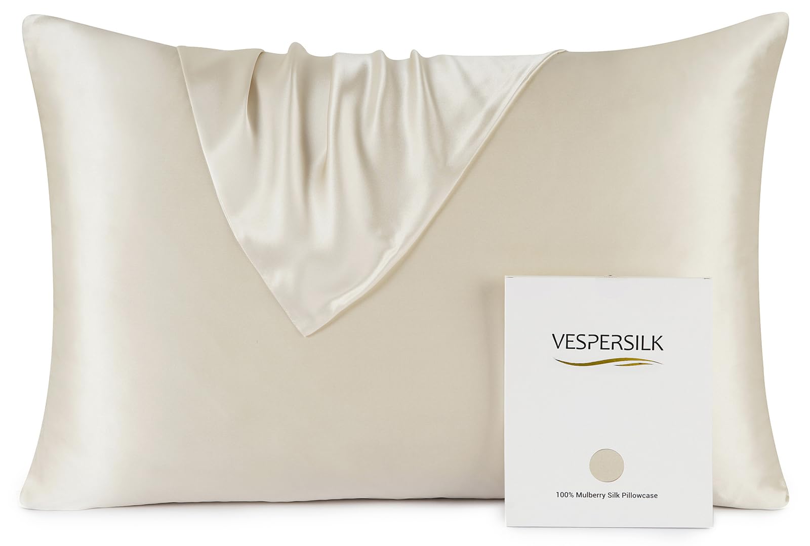 Vespersilk 100% Mulberry Silk Pillowcase for hair and skin, Real Premium 19 Momme, Grade 6A Silk on Both Sides, with Hidden Zipper, 1pc (Standard 50x75cm, Beige)