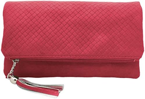 BMC Womens Hot Pink Textured PU Faux Leather Quilted Pattern Triple Compartment Zipper Tassel Fashion Clutch Handbag