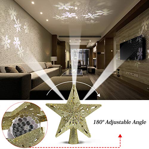 Delicacy Christmas Tree Topper, Lighted Star Tree Toppers with LED Rotating Snowflake Projector Lights, Gold Star Snow Tree Topper for Holiday Party Xmas Tree Decorations