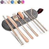 Annvchi Eco Friendly Utensils Set - Reusable Silverware Set with Case - 8 Pieces Including Knife Fork Spoon Chopsticks Straws Brush and Carrying Case, Reusable Silverware Set to Go (Rose Gold)