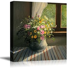 A Bouquet of Wild Field Flowers Caressed by a Sunbeam Trough The Window in Oil Painting Style - Canvas Art Wall Art - 12" x 12"