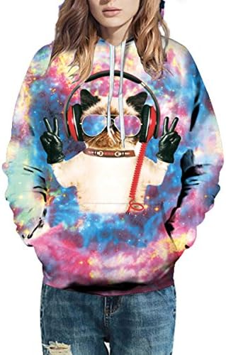 Haloon Unisex Simulation Printed Galaxy Pocket Drawstring Hooded Sweatshirt DJ Cat S