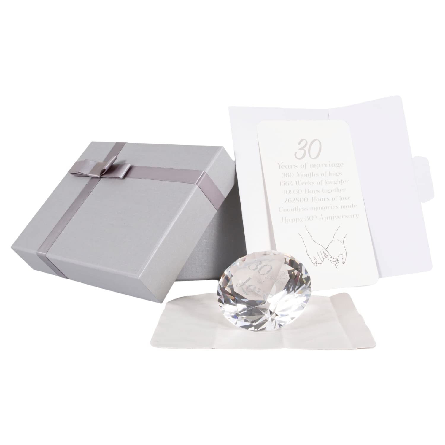 Happy Homewares Modern Transparent K9 Crystal Glass 30th Wedding Anniversary Sentiment Ornament Gift Set | Includes Grey Gift Box with Ribbon, Poem Card and Soft Cleaning Cloth
